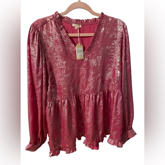 JODIFL Tops - JODIFL Pink Sequin Peplum Blouse